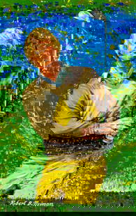 Robert B Neiman (US,20C) oil painting: ARTIST: Robert B Neiman (American, 20 century) TITLE: Golf Player Jack Nicklaus MEDIUM: oil on board CONDITION: Overall good. No visible inpaint under UV light. Normal wear