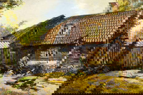 Antique 19C European oil painting: ARTIST: - (Europe, 19 century) TITLE: Country Scene MEDIUM: oil on canvas CONDITION: One minor paint loss by the left edge. No visible inpaint under UV light. ART SIZE: 15 x 23 inches / 38 x 58 cm