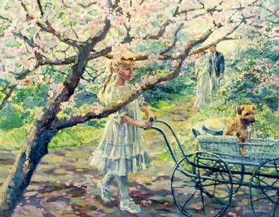 Corinne Hartley (CA,20/21C) oil painting: ARTIST: Corinne Hartley (California, 20/21 centuries) TITLE: Girl with Stroller MEDIUM: oil on canvas CONDITION: Very good. No visible inpaint under UV light. ART