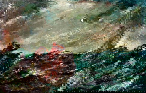 Mario Bucci (Italy,1903-1970) oil painting: ARTIST: Mario Bucci (Italian, 1903 - 1970) NAME: Storm At Sea MEDIUM: oil on canvas CONDITION: Few paint losses, some of them inpainted. Minor craquelure. SIGHT SIZE: 16 x 25 inches / 40 x 63 cm