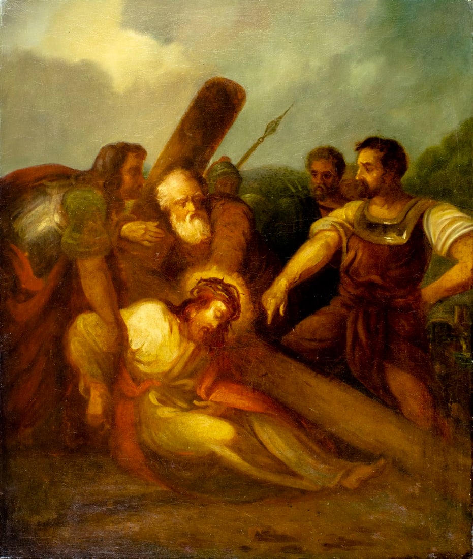 Antique 19C European oil painting: ARTIST: - (Europe, 19 century) TITLE: Simon of Cyrene Helps Christ to Carry the Cross MEDIUM: oil on canvas CONDITION: Relined. Missing a few flakes of paint. Some craquel