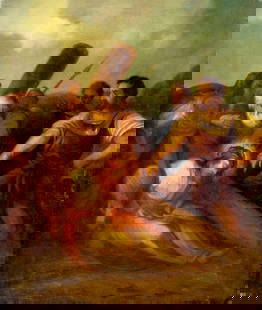 Antique 19C European oil painting: ARTIST: - (Europe, 19 century) TITLE: Simon of Cyrene Helps Christ to Carry the Cross MEDIUM: oil on canvas CONDITION: Relined. Missing a few flakes of paint. Some craquel