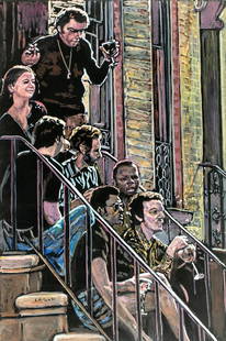 Evelyn Metzger (NY,Brazil,1911-2007) oil painting: ARTIST: Evelyn Borchard Metzger (New York, Brazilian, 1911 - 2007) TITLE: Block Party, Greenwich Village, NY (titled on verso) YEAR: 1996 MEDIUM: oil on board C