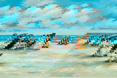 Judd Gallet (US,20C) oil painting: ARTIST: Judd Gallet (American, 20 century) NAME: Beach Scene MEDIUM: oil on canvas CONDITION: Very good. No visible inpaint under UV light. SIGHT SIZE: 24 x 36 inches / 60 x 91 cm