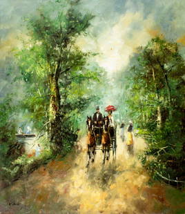 Heinz Menzinger (German,1943-?) oil painting: ARTIST: Heinz Jurgen Menzinger (Germany, 1943 - ???) TITLE: Park Landscape with Horse Carriage MEDIUM: oil on canvas CONDITION: Unstretched (In-House stretching available)