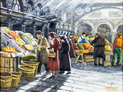 ATTRIB Juan Campodonico (Argentina,1937-?) oil painting: ARTIST: ATTRIBUTED TO Juan Campodonico (Argentinian, 1937 - ???) TITLE: Market Scene YEAR: 1958 MEDIUM: oil on canvas CONDITION: Missing a few flakes o