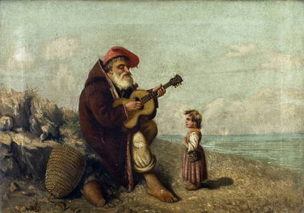 Antique 19C Italian oil painting: ARTIST: - (Italy, 19 century) TITLE: Old Man and Girl MEDIUM: oil on canvas CONDITION: Minor paint losses. Few small inpaintings. Normal wear along edges. ART S