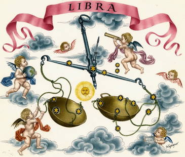 Fritz Wegner (Austria,1924-2015) watercolor painting: ARTIST: Fritz Wegner (Austrian, 1924 - 2015) TITLE: Halleys Comet - Libra, The Scales (titled on verso) YEAR: 1986 MEDIUM: watercolor on paper. Paper applied to board. CONDITION: Minor damages to