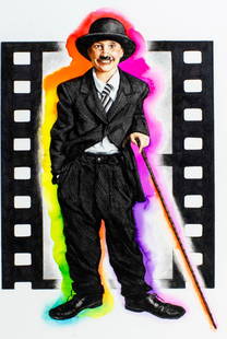 Chris Calle (US,born 1961) colored pencil painting: ARTIST: Chris Calle (American, born 1961) TITLE: 1910s - Charlie Chaplins Little Tramp (titled on verso) YEAR: 1997 MEDIUM: colored pencil on board CONDITION: