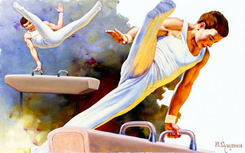 Ivan Sushchenko (Russia,1930-?) oil painting: ARTIST: Ivan Akimovich Sushchenko (Russian, 1930 - ???) TITLE: Worlds Salute to Olympics 1992 - Pommel Horse (titled on verso) YEAR: 1991 MEDIUM: oil on canvas. Canvas applied to board. CONDITION: