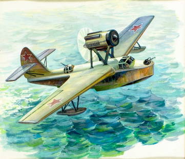 Evgeny Aniskin (Russia,1925-2002) gouache painting: ARTIST: Evgeny Dimitrievich Aniskin (Russian, 1925 - 2002) TITLE: Gydroplane BR-2, 1932 USSR (titled on verso) YEAR: 1978 MEDIUM: gouache on paper. Paper applied to board.
