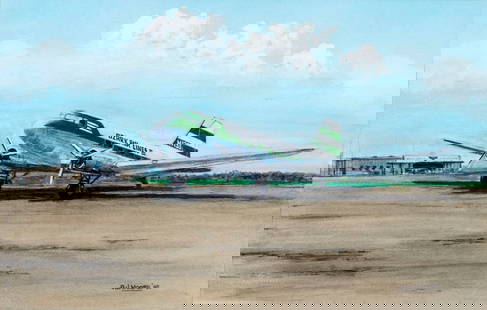 A J Moore (US,20C) watercolor painting: ARTIST: A J Moore (American, 20 century) TITLE: Ozark Air Lines Airplane YEAR: 1992 MEDIUM: watercolor on paper CONDITION: Excellent. Framed under glass. ART SIZE: 11 x 17 inches / 27 x 43 cm FRAME