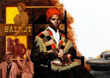 Shannon Stirnweis (AZ,NY,NH,OR,1931-2019) oil painting: ARTIST: Shannon Stirnweis (Arizona, New York, New Hampshire, Oregon, 1931 - 2019) TITLE: Sojourner Truth (titled on verso) YEAR: 1985 MEDIUM: oil on board CONDITION: Minor damages to the left