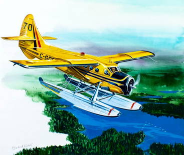 Charles Knotek (US,1933-2008) gouache painting: ARTIST: Charles Knotek (American, 1933 - 2008) TITLE: DeHavilland Otter (titled on verso) YEAR: 1982 MEDIUM: gouache on board CONDITION: Minor damage to the lower left corner. ART SIZE: 14 x 16
