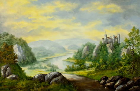 C Karopka (Europe,20C) oil painting: ARTIST: C Karopka (European, 20 century) TITLE: River Landscape with Castle MEDIUM: oil on canvas CONDITION: Unstretched (In-House stretching available). Missing a few flake