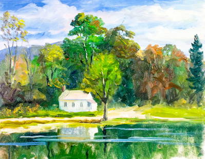 George Holloway (NJ,20C) oil painting: ARTIST: George Holloway (New Jersey, 20 century) TITLE: Lake Landscape MEDIUM: oil on canvas board CONDITION: Very good. No visible inpaint under UV light. ART SIZE: 14 x 18 inches / 35 x 45 cm FRAME