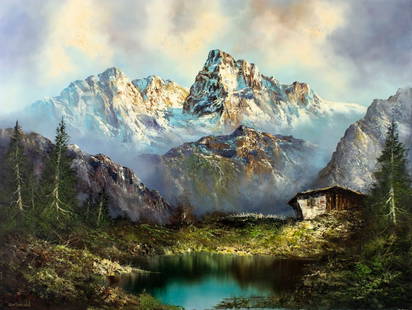Rudolf Ehrmann (German,1940-?) oil painting: ARTIST: Rudolf Ehrmann (Germany, 1940 - ???) TITLE: Mountain Lake Landscape MEDIUM: oil on canvas CONDITION: Unstretched (In-House stretching available). Missing a few fla