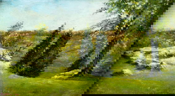 DeWolt (US,19C) oil painting antique: ARTIST: DeWolt (American, 19 century) TITLE: Landscape YEAR: 1894 MEDIUM: oil on canvas CONDITION: Missing a few flakes of paint mostly along edges. No v