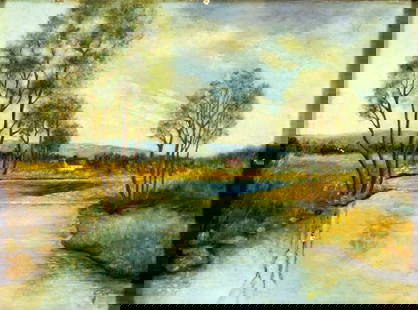 Giuliano (US,mid 20C) oil painting: ARTIST: Giuliano (American, mid 20 century) TITLE: River Countryside Landscape MEDIUM: oil on canvas board CONDITION: Minor damages to edges. Some scratches/paint losses. No