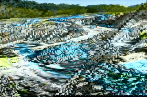 K Bachman (US,20C) oil painting: ARTIST: K Bachman (American, 20 century) TITLE: Mountain River Landscape MEDIUM: oil on canvas CONDITION: Some small faint scratches mostly along the upper egde. No visible inpaint under UV light.