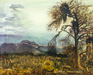 R Giannone (AZ,20C) oil painting: ARTIST: R Giannone (Arizona, 20 century) NAME: Landscape - Arizona Sky MEDIUM: oil on canvas CONDITION: Minor craquelure. Few small scattered inpaintings. SIGHT SIZE: 16 x 20 inches / 40 x 50 cm