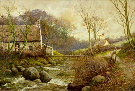 Albert V Jones (UK,19/20C) oil painting antique: ARTIST: Albert V Jones (United Kingdom, 19/20 centuries) TITLE: Country River Landscape MEDIUM: oil on canvas CONDITION: Missing a few flakes of paint. Some craquelure. No visible inpaint under UV