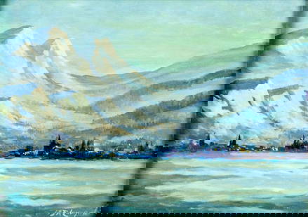 Vintage mid 20C American oil painting signed: ARTIST: - (American, mid 20 century) TITLE: Mountain Landscape MEDIUM: oil on canvas board CONDITION: Overall good. No visible inpaint under UV light. ART SIZE:
