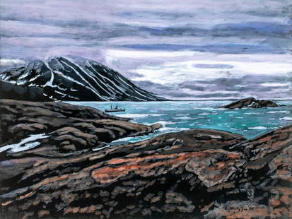 Evelyn Metzger (NY,Brazil,1911-2007) oil painting: ARTIST: Evelyn Borchard Metzger (New York, Brazilian, 1911 - 2007) TITLE: Arctic - Distant Polaris (titled on verso) YEAR: 1995 MEDIUM: oil on board CONDITION:<