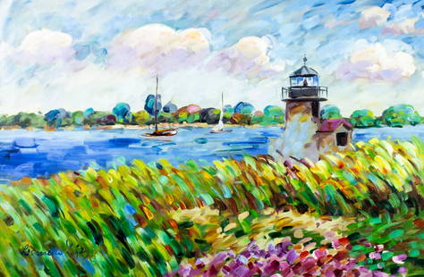 Lisandro Baylon (Argentina,US,1951-?) oil painting: ARTIST: Lisandro Lopez Baylon (Argentinian, American, 1951 - ???) TITLE: Coastal Landscape with Lighthouse MEDIUM: oil on canvas CONDITION: Unstretched (In-House stretchin