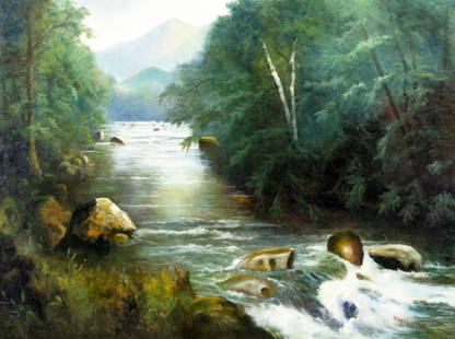 Ron Williams (TN,1947-2016) oil painting: ARTIST: Ron Williams (Tennessee, 1947 - 2016) TITLE: Mountain River Landscape MEDIUM: oil on canvas CONDITION: Overall good. No visible inpaint under UV light. Normal wear
