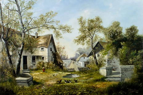 W Ehlerding (Europe,19/20C) oil painting antique: ARTIST: W Ehlerding (European, 19/20 centuries) TITLE: Country Landscape with Cottages YEAR: 1901 MEDIUM: oil on canvas CONDITION: Relined. Few minor pai