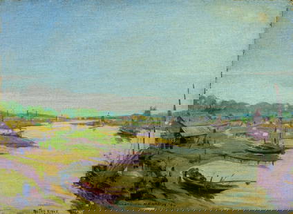 Carl Brandien (NY,1886-1965) oil painting: ARTIST: Carl William Brandien (New York, 1886 - 1965) TITLE: Asian River Landscape MEDIUM: oil on canvas. Canvas applied to board. CONDITION: Some damage to lower left cor