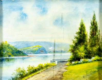 Ritter (Europe,early 20C) watercolor painting antique: ARTIST: Ritter (European, early 20 century) TITLE: River Landscape MEDIUM: watercolor on paper CONDITION: Some brown vertical marks. Some age toning. Some damages to frame. ART SIZE: 11 x 14 inches /