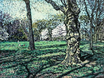 Evelyn Metzger (NY,Brazil,1911-2007) oil painting: ARTIST: Evelyn Borchard Metzger (New York, Brazilian, 1911 - 2007) TITLE: Central Park Landscape, NY MEDIUM: oil on board CONDITION: Few minor scratches/paint losses. No visible inpaint under UV