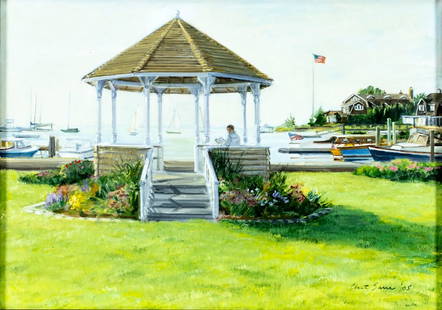 Chet Saur (CT,20/21C) oil painting: ARTIST: Chet Saur (Connecticut, 20/21 centuries) TITLE: Costal Landscape with Gazebo YEAR: 2005 MEDIUM: oil on canvas CONDITION: Overall good. No visible inpaint under UV light. Minor damages to