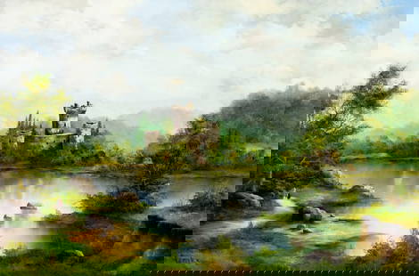 C Karopka (Europe,20C) oil painting: ARTIST: C Karopka (European, 20 century) TITLE: River Landscape with Castle MEDIUM: oil on canvas CONDITION: Unstretched (In-House stretching available). Some craquelure. No