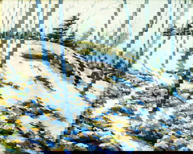 Robert Stantial (NY,mid 20C) oil painting antique: ARTIST: Robert Stantial (New York, mid 20 century) TITLE: Morning Shadows YEAR: 1938 MEDIUM: oil on canvas board CONDITION: One horizontal crack 2" long