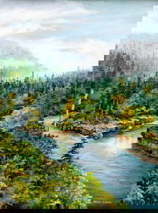 Gloria Ziemer (WI,CA,1929-2007) oil painting: ARTIST: Gloria Ziemer (Wisconsin, California, 1929 - 2007) TITLE: Autumn River Landscape MEDIUM: oil on canvas CONDITION: Very good. No visible inpaint under UV light. Wear to frame. ART SIZE: 24 x