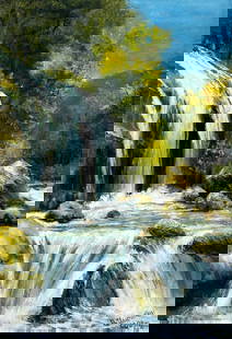 Viktor Ilyushkin (Russia,b 1946) oil painting: ARTIST: Viktor Nikolayevich Ilyushkin (Russian, born 1946) TITLE: Waterfall Trio (titled on verso) MEDIUM: oil on canvas CONDITION: Unstretched (In-House stretching available). Very good. No visible