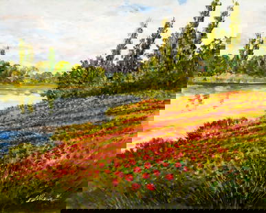 Marianelli (TX,20C) oil painting: ARTIST: Marianelli (Texas, 20 century) TITLE: Poppiy Field Landscape MEDIUM: oil on canvas CONDITION: Unstretched (In-House stretching available). Few small faint scratches.