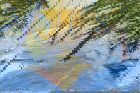 Robert Waltsak (NJ,b 1944) oil painting: ARTIST: Robert Alan Waltsak (New Jersey, born 1944) TITLE: Winter Stream Landscape MEDIUM: oil on canvas CONDITION: Very good. No visible inpaint under UV light. ART SIZE: 20 x 30 inches / 50 x 76 cm