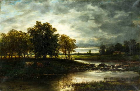 Gerard van Luppen (Belgium,1834-1891) oil painting antique: ARTIST: Gerard Josef Adrian Luppen (Belgian, 1834 - 1891) TITLE: Country Sunset Landscape with Cows MEDIUM: oil on canvas CONDITION: One small patch. Few minor paint losses. Some craquelure. Some