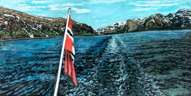 Evelyn Metzger (NY,Brazil,1911-2007) oil painting: ARTIST: Evelyn Borchard Metzger (New York, Brazilian, 1911 - 2007) TITLE: Mountain Lake Landscape, Norway (titled on verso) YEAR: 1998 MEDIUM: oil on board CONDITION: Some scratches/paint losses.