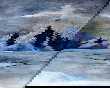 Vintage mid 20C American oil painting signed: ARTIST: - (American, mid 20 century) TITLE: Winter Landscape YEAR: 1952 MEDIUM: oil on canvas board CONDITION: Minor scratches/paint losses. Few scattered minor inpaintings. Wear to frame. ART