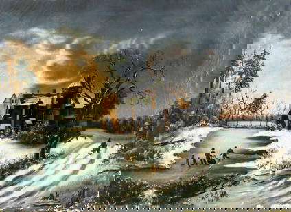 Antique 19C European oil painting: ARTIST: - (Europe, 19 century) TITLE: Winter Sunset Landscape with Mansion MEDIUM: oil on canvas CONDITION: Two small patches. Two pin holes by the left edge. Some paint losses mostly along the