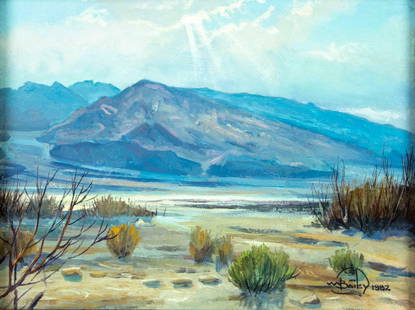 William Bailey (MT,WA,MD,b 1944) oil painting: ARTIST: William (Bill) Bailey (Montana, Washington, Maryland, born 1944) TITLE: Desert Landscape YEAR: 1982 MEDIUM: oil on board CONDITION: Very good. No visible inpaint under UV light. ART SIZE: 9 x