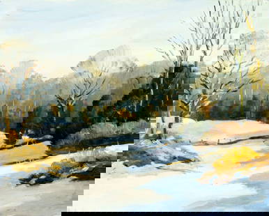 George Holloway (NJ,20C) oil painting: ARTIST: George Holloway (New Jersey, 20 century) TITLE: Winter Countryside Landscape MEDIUM: oil on canvas board CONDITION: Few nail holes along edes. Few minor scratches/pa