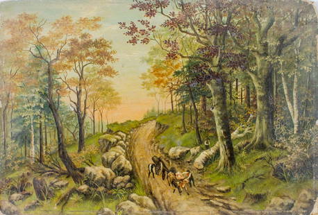 Antique early 20C American oil painting: ARTIST: - (American, early 20 century) TITLE: Forest Road Landscape MEDIUM: oil on board CONDITION: Some damages to edges and corners. Some small paint losses. Some stable craquelure. No visible