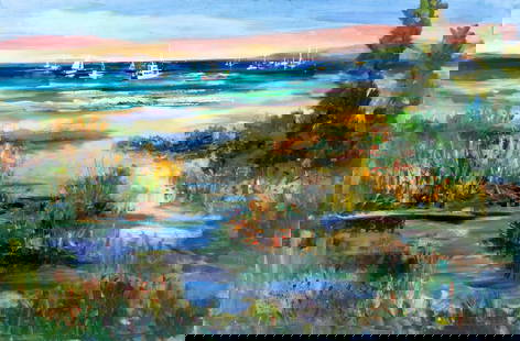 John Reilly (NY,NJ,1942-2021) oil painting: ARTIST: John Reilly (New York, New Jersey, 1942 - 2021) TITLE: Sunset Coastal Landscape with Boats MEDIUM: oil on board CONDITION: Minor damages to the lower corners. Some