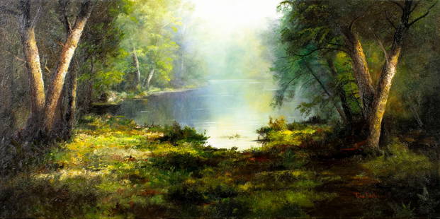 Ron Williams (TN,1947-2016) oil painting: ARTIST: Ron Williams (Tennessee, 1947 - 2016) TITLE: Forest Lake Landscape MEDIUM: oil on canvas CONDITION: Very good. No visible inpaint under UV light. ART SIZE: 24 x 48 inches / 60 x 121 cm